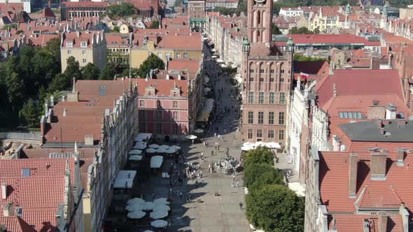 Drone approaching Neptune's fountain in Gdansk Old Town, Poland, Europe