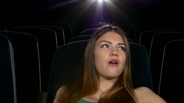 Young Girl in Horror Film 3D at the Cinema. Eating Popcorn. Close Up