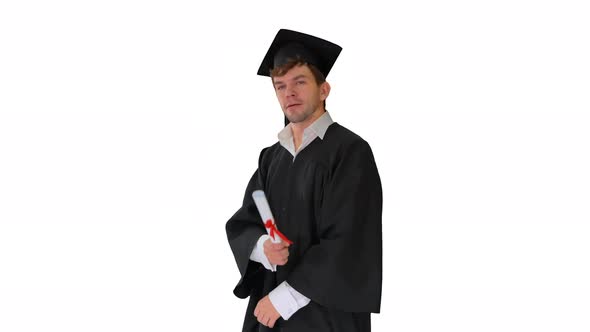Male Student in Graduation Robe Taking Different Poses with Diploma on White Background