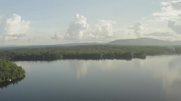 Spectacular scenic aerial shot high above Hebron Lake, Maine