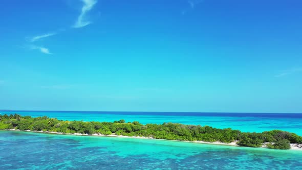 Aerial drone shot travel of paradise coastline beach time by shallow sea with white sandy background