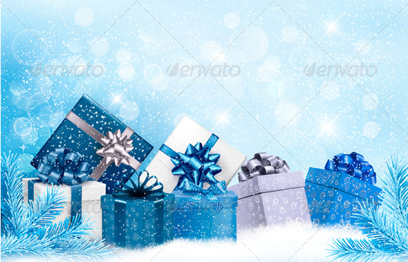 Christmas Blue Background with Gift Boxes and Snow