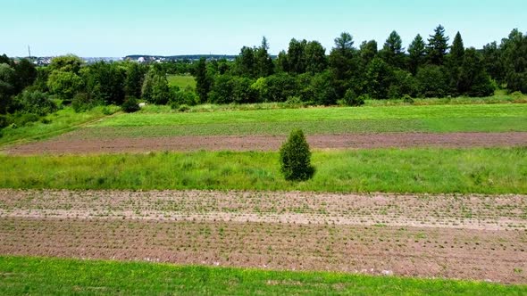 Aerial drone view of a flying over the rural agricultural landscape.