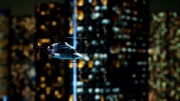 Slow Motion Helicopter Near Skyscrapers at Night