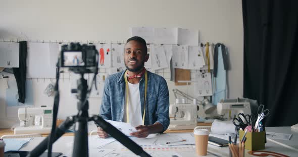 African American Clothes Designer Recording Video for Online Vlog Talking