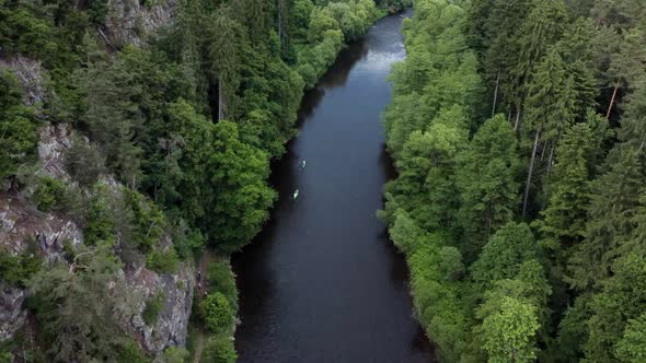 Aerial drone view of kayaking through river surrounded by forests.