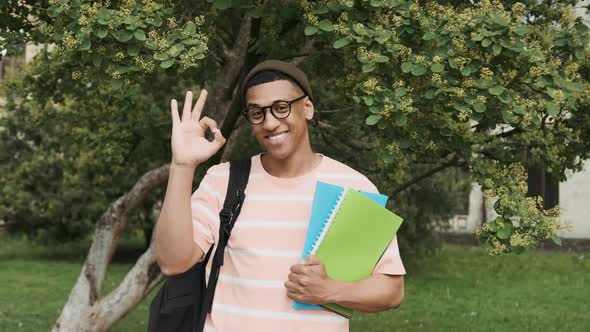 Young Student African American Man 20s Eyeglasses Backpack Hold Books Show Okay Green City Park Go