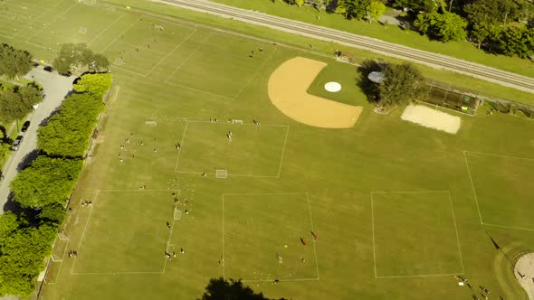 Childrens Soccer Game Practice Camp Aerial Drone Video