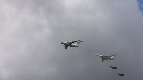 a Group of Military Aircraft Flies Over Moscow During the Rehearsal of the Victory Parade