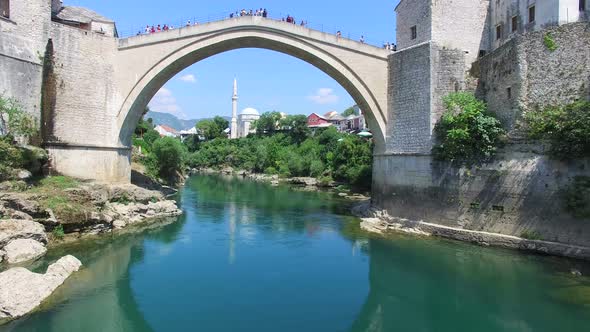 Flying towards famous bridge in Mostar, Bosnia and Herzegovina