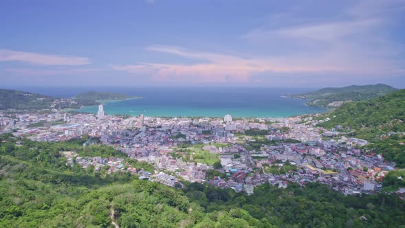 Phuket Thailand Aerial view ocean with mountain in the foreground at Patong Bay of Phuket Thailand