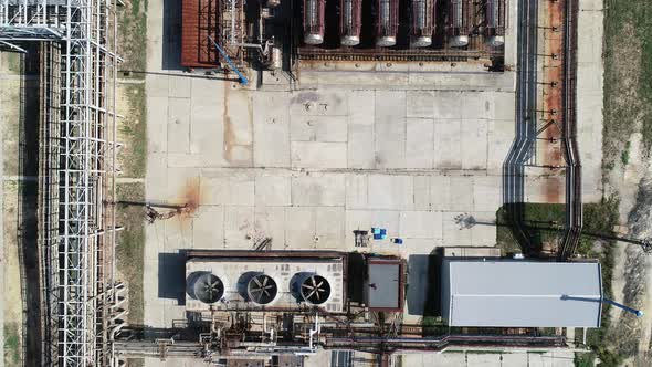 Large Oil Refinery Aerial View. Lots of Sophisticated Technological Equipment. Long and Complex