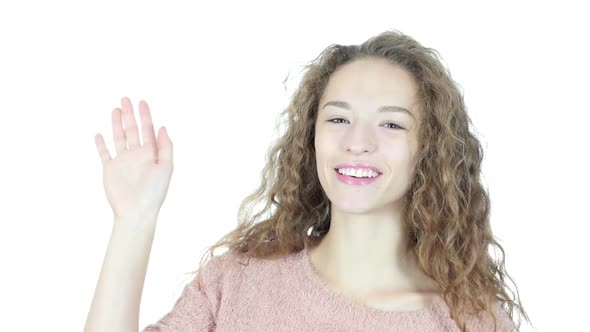Hi, Hello,  Woman Waving Hand, Welcome , Portrait On White Background