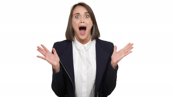 Portrait of Successful Office Worker Wearing Shirt and Black Jacket Being Ecstatic Thrilled Covering