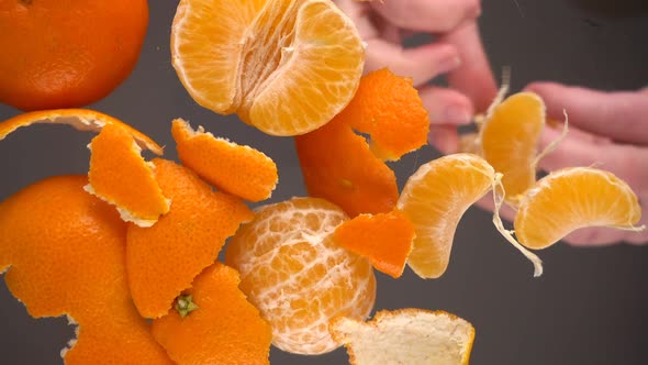 Tangerine is peeled over a glass surface. Bottom view.