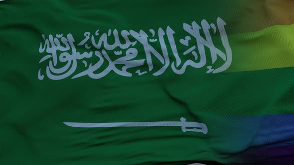 Waving National Flag of Saudi Arabia and LGBT Rainbow Flag Background