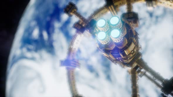 A View of the Earth and a Spaceship. ISS Is Orbiting the Earth alt