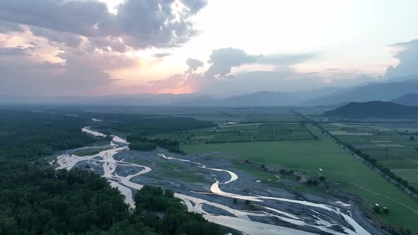 Flying over Alazani river at sunset. Kvareli, Georgia 2022 summer