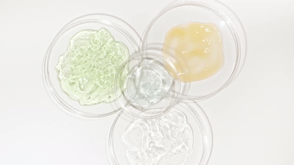 Rotation of Petri Dishes with Cosmetics Samples on a White Background alt