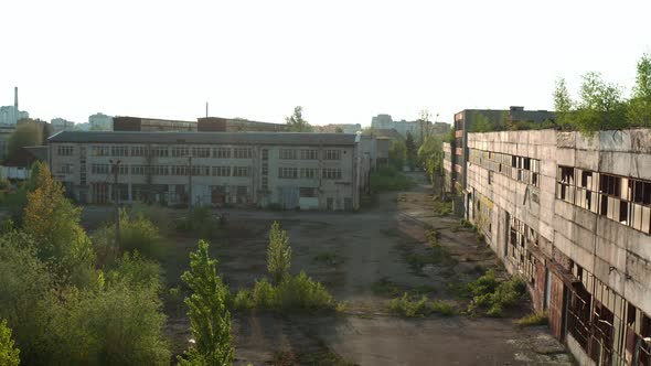 Aerial Drone View. Flying Over Old Factory Ruin Industrial Building for Demolition.