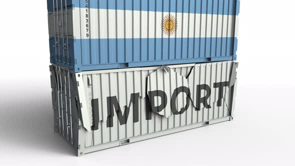 Container with Flag of Argentina Breaks Container with IMPORT Text