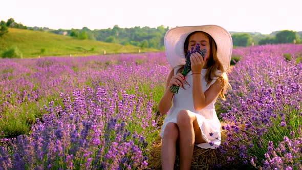 Child Girl in Flowers Lavender Field