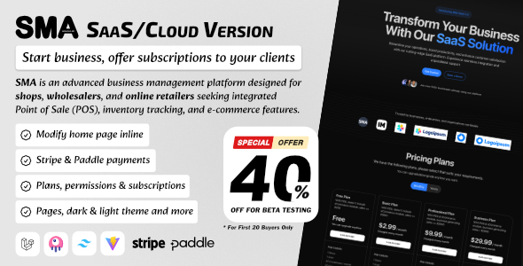 SMA SaaS: landing page, plans and subscriptions for SMA: Sales, Inventory, POS, CRM and eCommerce