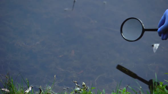 Biologist Studying Water Microorganism in Forest Lake Through Magnifying Glass