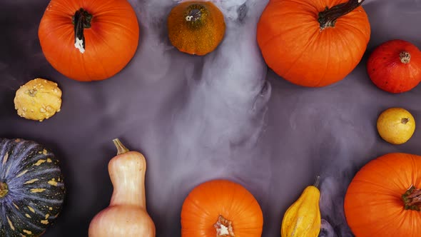 Pumpkin autumn halloween and thanksgiving scenery table top view, surrounded by misty fog. 