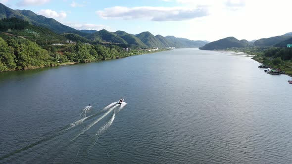 Aerial Drone View Han River And Water Skiing