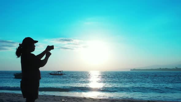 One woman posing on exotic sea view beach break by blue sea and white sand background of the Maldive