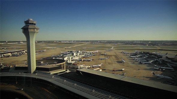 Airplanes Taxiing to Gates Aerial Timelapse from Control Tower