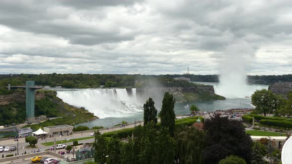 Majestic distant view of Niagra Falls in Canada on cloudy day