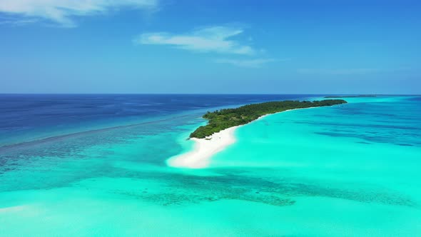Wide above copy space shot of a white sand paradise beach and turquoise sea background in high resol