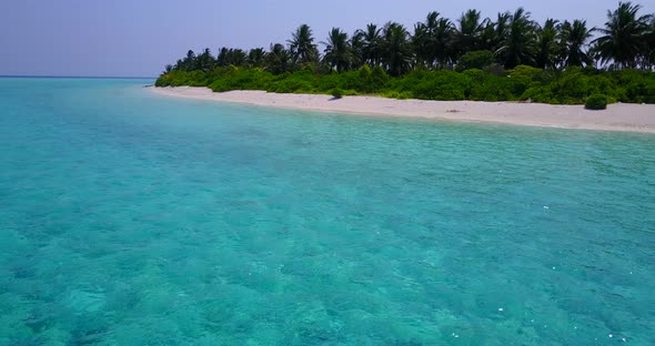 Tropical fly over abstract view of a sunshine white sandy paradise beach and aqua blue water backgro