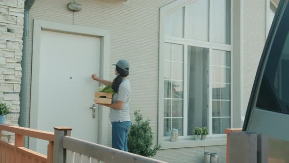 Female Courier Delivering Organic Food to Male Customer Knocking on Door Giving Paper Bag Talking