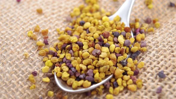 Healthy bee pollen grain falling into a spoon on a rustic burlap cloth