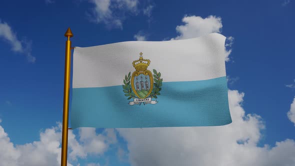 National flag of San Marino waving with flagpole and blue sky timelapse