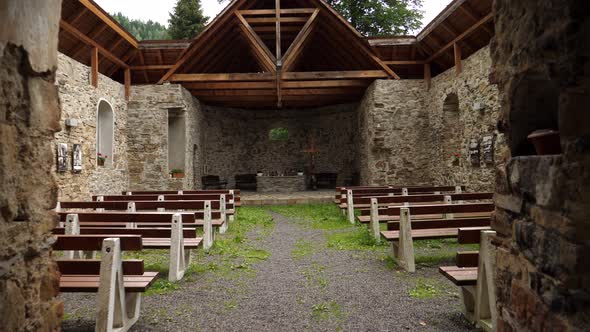 A view of the ruins of a church in the village of Zazriva in Slovakia