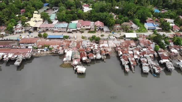 Drone Panorama of a Fishing Village on Gloomy Day