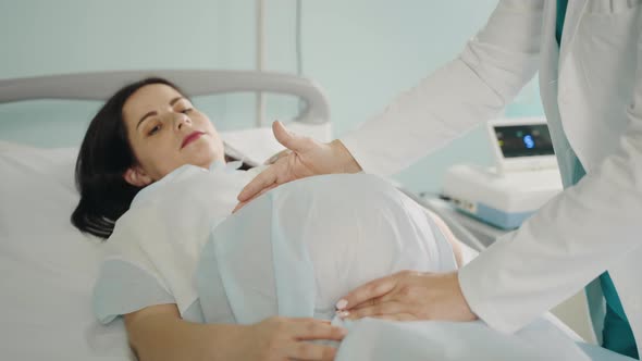 Pregnant Woman Lying on Medical Couch While Professional Gynecologist Doing