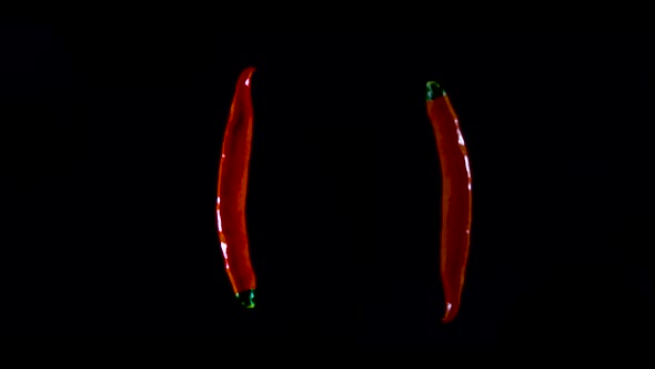 Two red chili peppers spin on black background. Room for text. Vegan, vegetarian and spicy concept.