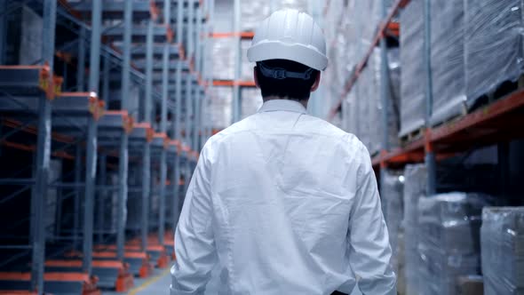 Worker male warehouse worker engineer in a helmet working on the construction site of the warehouse