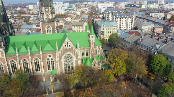 Aerial Video of Saint Olga and Elizaveta Church in Central Part of Old City of Lviv, Ukraine