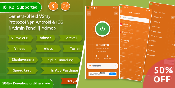 Gamers-Shield V2ray Protocol VPN Flutter App Android & IOS with Admob || In App Purchase