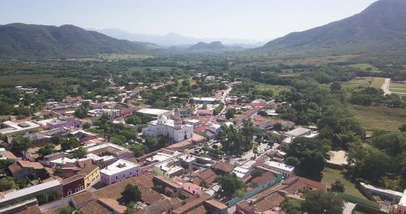 Aerial settlement landscape of Cosala, Mexico. Famous tourist location - drone panorama