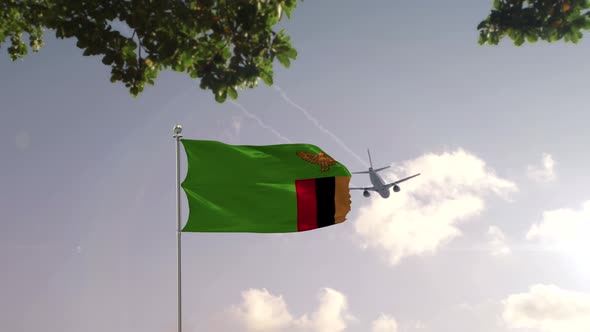 Zambia Flag With Airplane And City -3D rendering