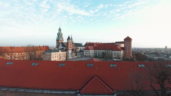 Aerial Flying Towards Wawel Royal Castle Krakow Poland