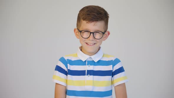 the Portrait of a Cheerful Boy with Glasses Smiles in Front of the Camera