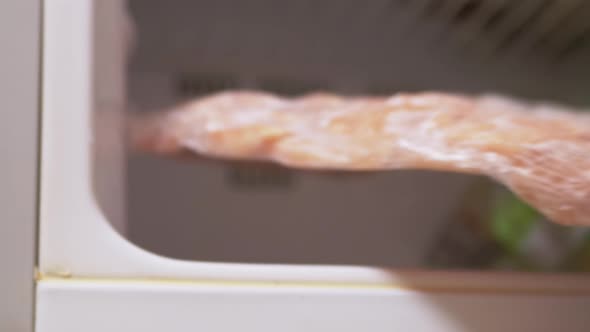 Female Hands Puts a SemiFinished Frozen Fillet Into the Freezer